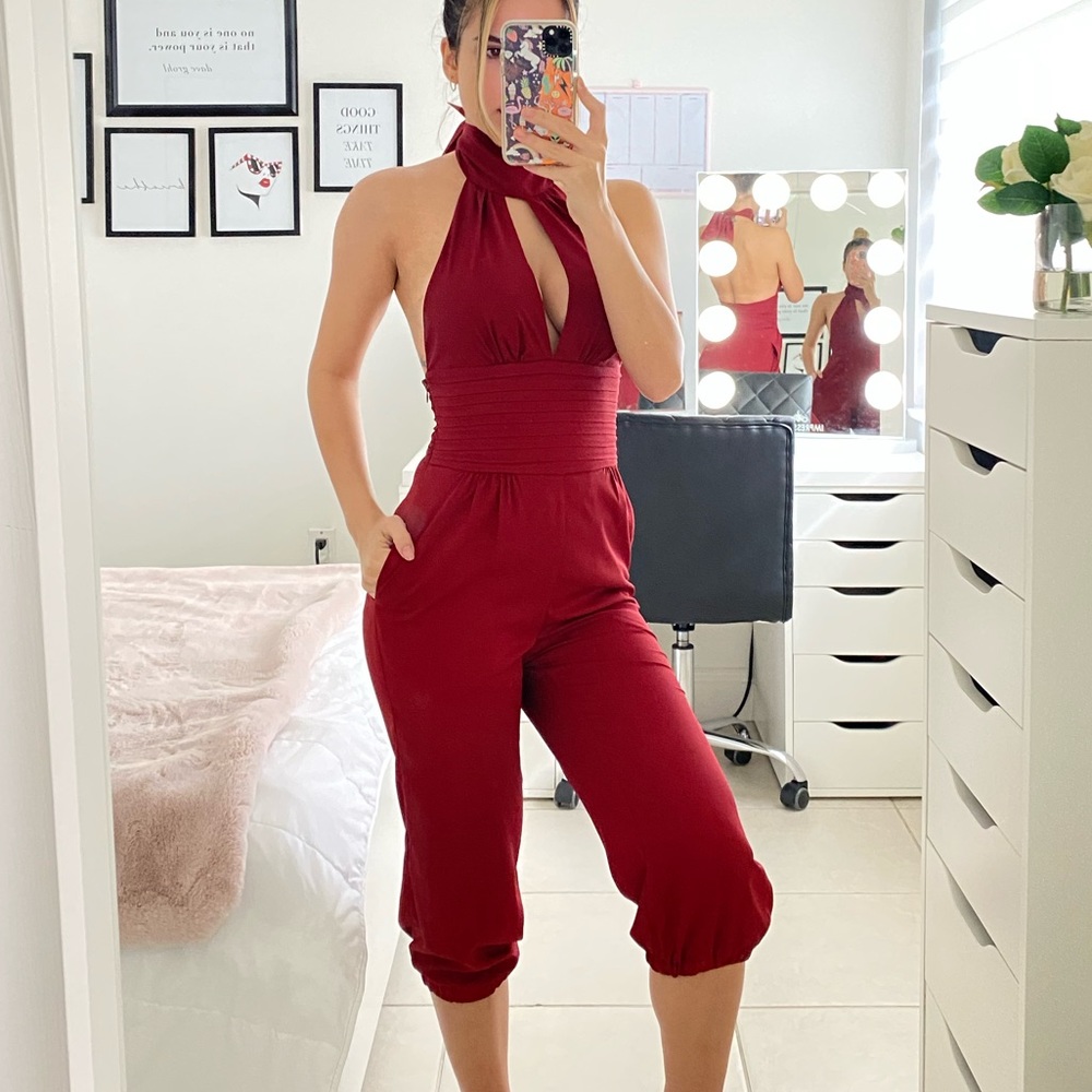 Red backless jumpsuit